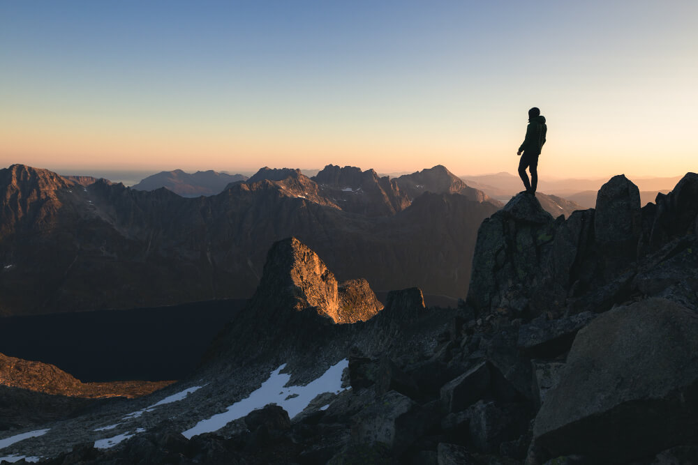 Silhouette Person Standing Top Hill Beautiful Colorful Sky Morning V2